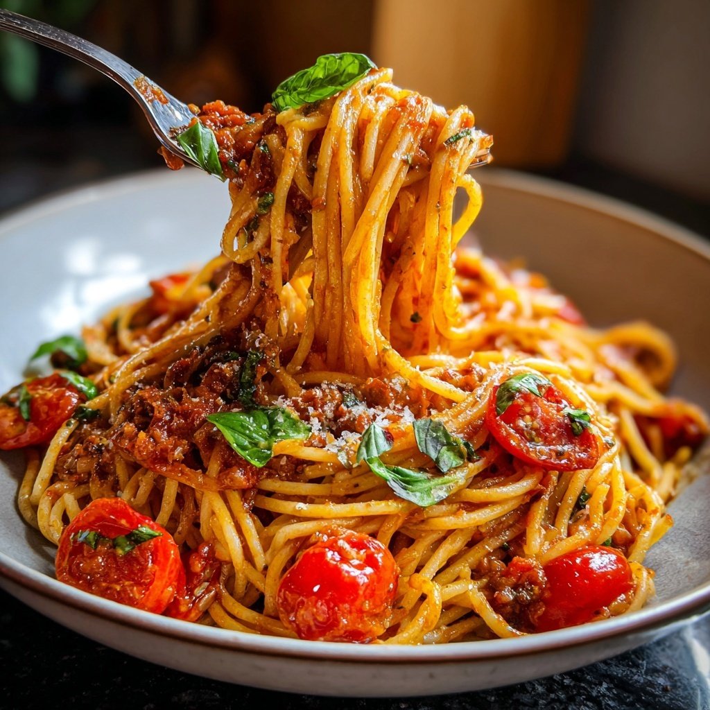 Spaghetti mit Tomaten und Basilikum