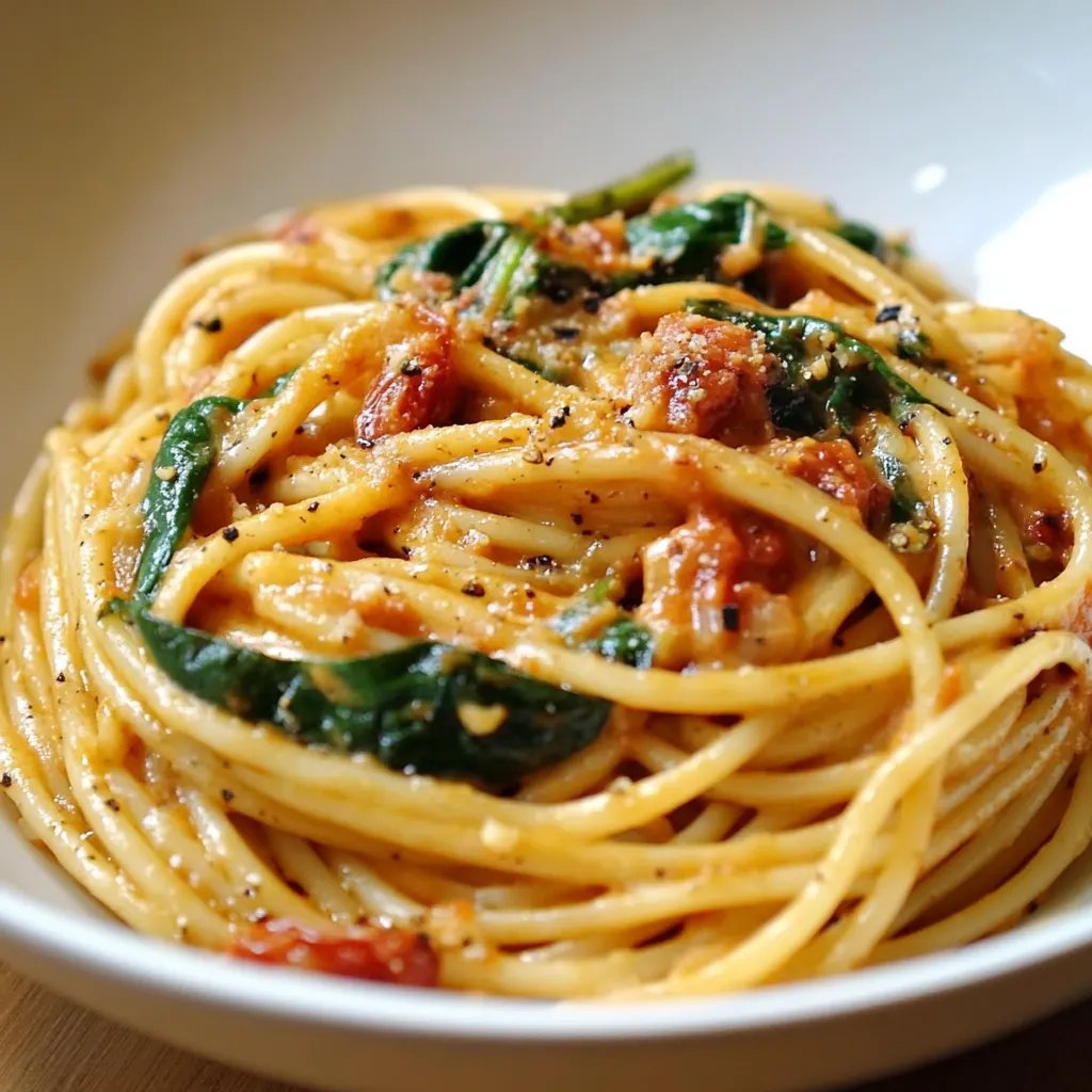 Spaghetti mit Spinat und sonnengetrockneter Tomaten-Sahnesauce